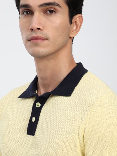 DaffodilYellowContrastCollarFlatKnitPoloT-Shirt