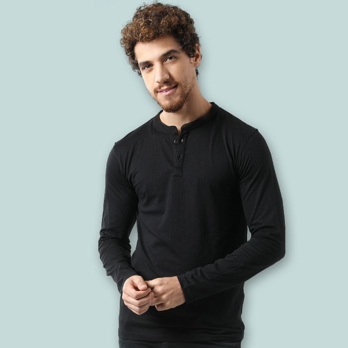 Plain Black Full Sleeve Henleys T-shirt 