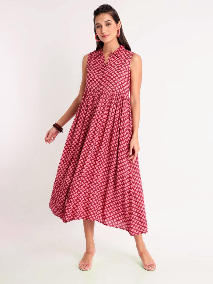 Buy Block Printed Wine Red Collar Flare Kurti Online in India Beyoung