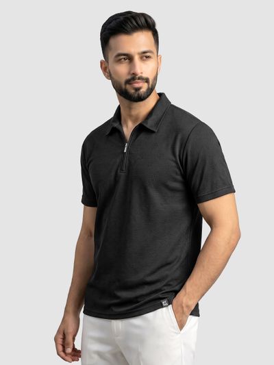 Black Geometric Jacquard Textured Zipper Polo T-Shirt