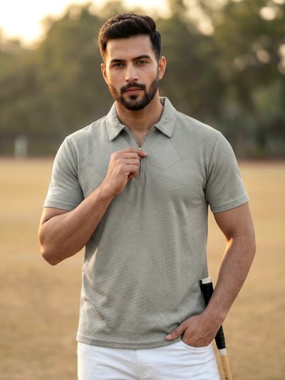  Silver fox Grey Geometric Jacquard Textured Zipper Polo T-Shirt