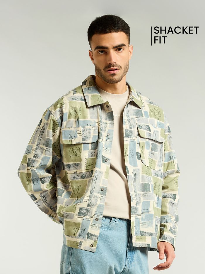 Green and Beige Stylish shacket for men, 