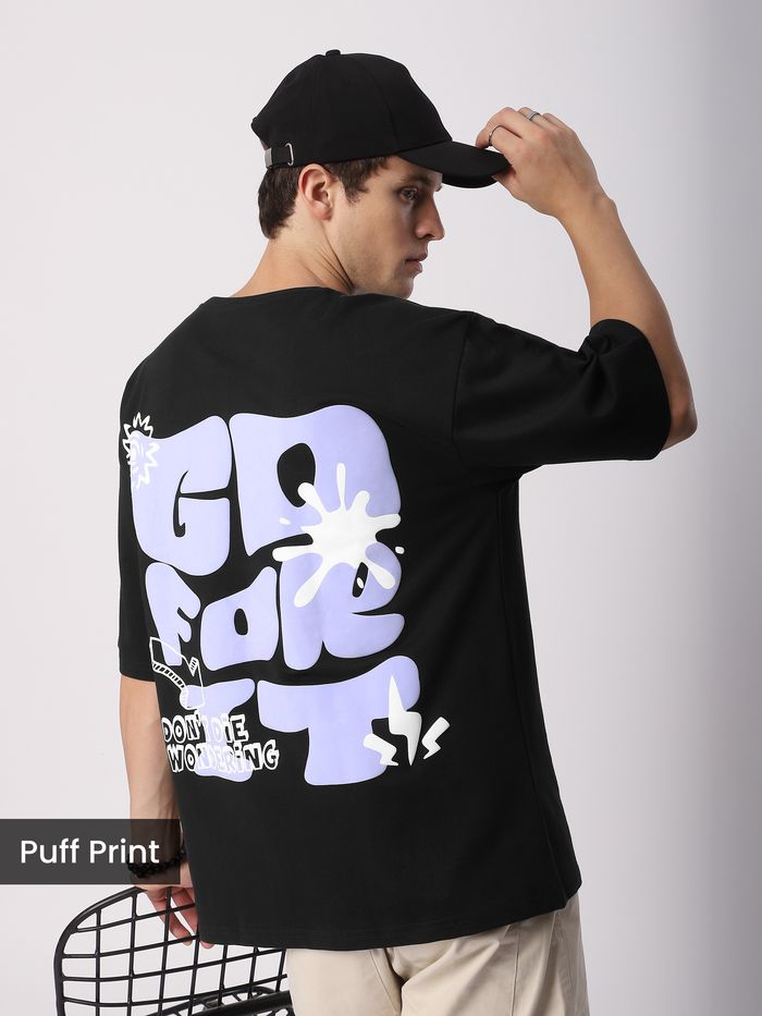 Buy Men's Black Go For It Puff Print Oversized T-shirt at Beyoung