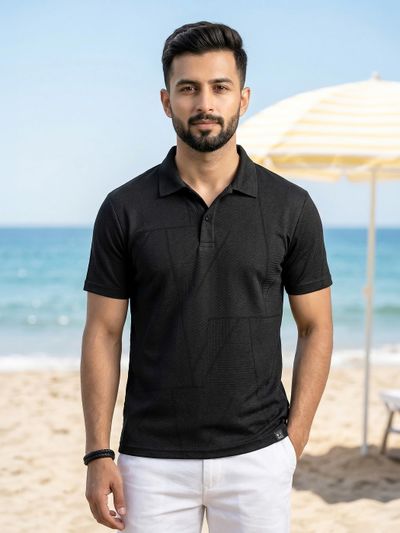 Black Abstract Jacquard Textured Polo
                      T-Shirt