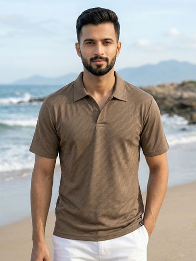 Brown Wave Jacquard Textured Polo T-Shirt