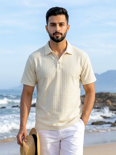 Off White Check Jacquard Textured Polo
                      T-Shirt