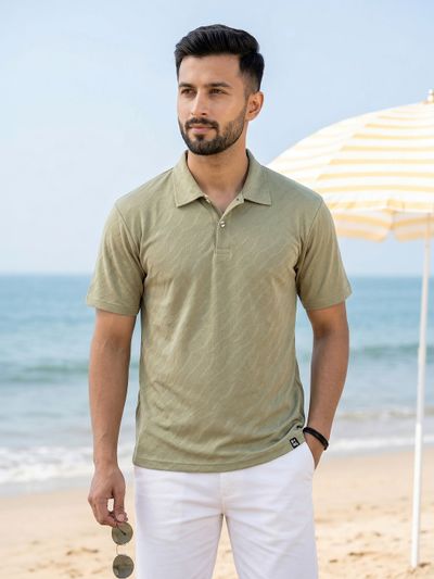 Sage Green Wave Jacquard Textured Polo
                      T-Shirt