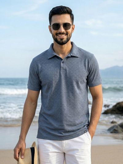 Teal Blue Check Jacquard Textured Polo
                      T-Shirt