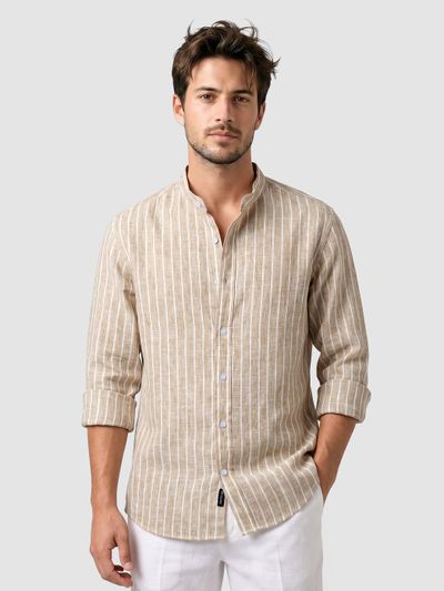 Sand Brown Linen Striped Shirt