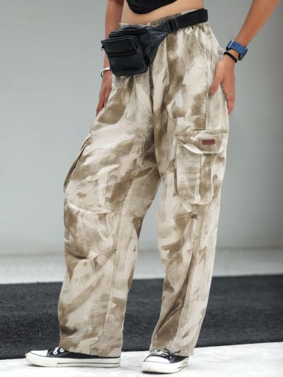 Beige Oversized Camo Cargo Pants for Women
