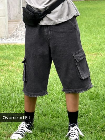 Black Rugged Hem Denim Jorts for Women