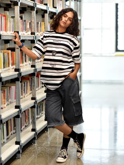 Black Rugged Hem Denim Jorts for Women