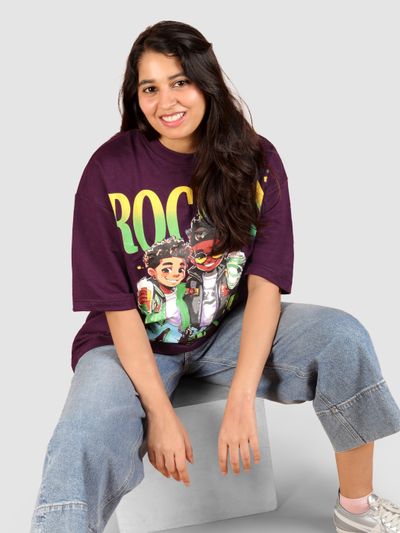Dark Purple Rock and Roll HD Printed Oversized Tshirt for Women