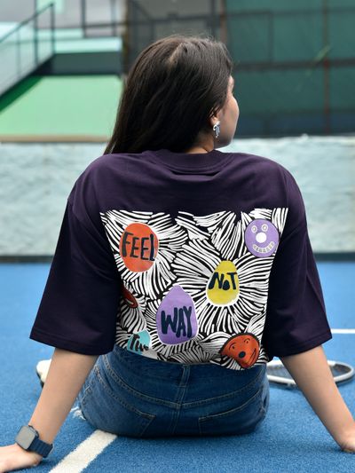Dark Violet Blooming Puff Printed Oversized T-Shirt for Women