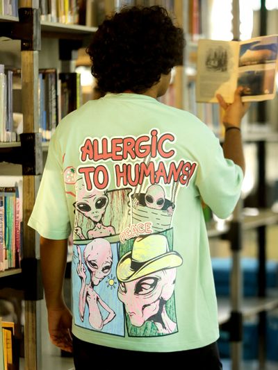 Pista Green Allergic To Human Puff Printed Oversized T-Shirt