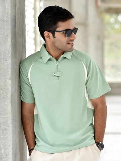 Sage Green Raglan Sleeve Zipper Polo T-Shirt Sage Green Raglan Sleeve Zipper Polo T-Shirt