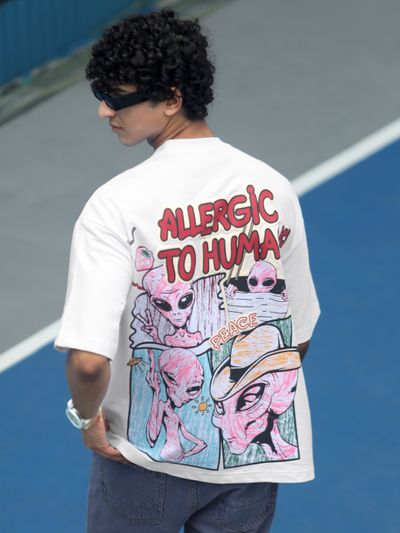 White Allergic To Human Puff Printed Oversized T-Shirt