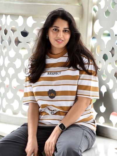 Mustard Striped Knitted T-Shirt for Women