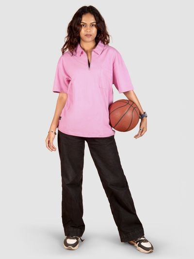Pink Oversized Zipper Polo T-shirt for Women