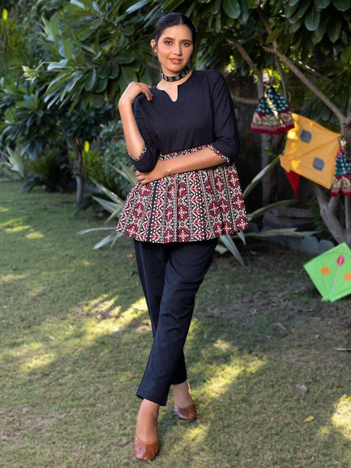 Dark brown printed cotton kurti with maroon skirt - Kurti Fashion