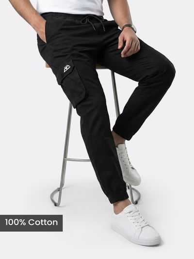 black joggers for men with elastic waistband and multiple pockets for everyday wear, 