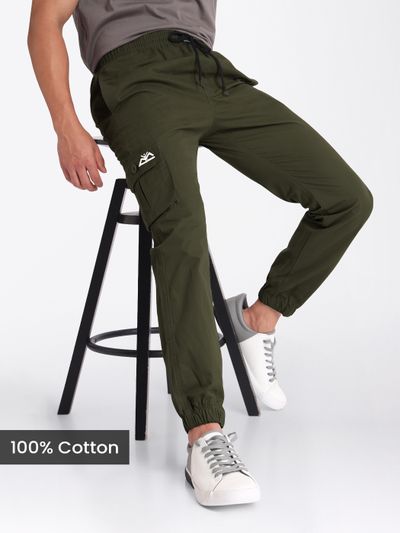 buy army green joggers for men in cotton fabric with roomy pockets for outdoor style, 