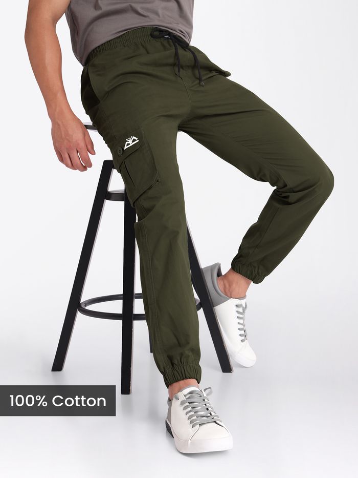 Army Green Cotton Cargo Joggers