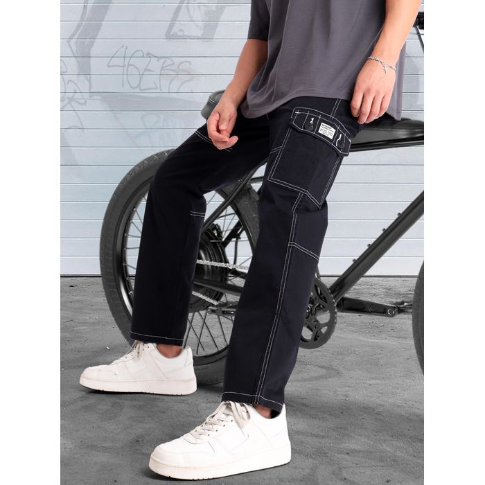 Straight Leg Contrast Stitch Cargo Pants | boohooMAN USA