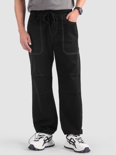 Black Double Pleated Cargos Black Elasticated Cargo