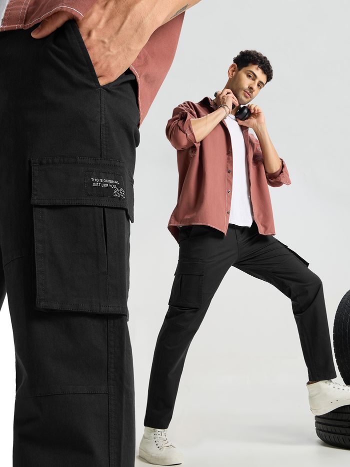 Buy Men s Black Solid Cargo Pants Online at Beyoung