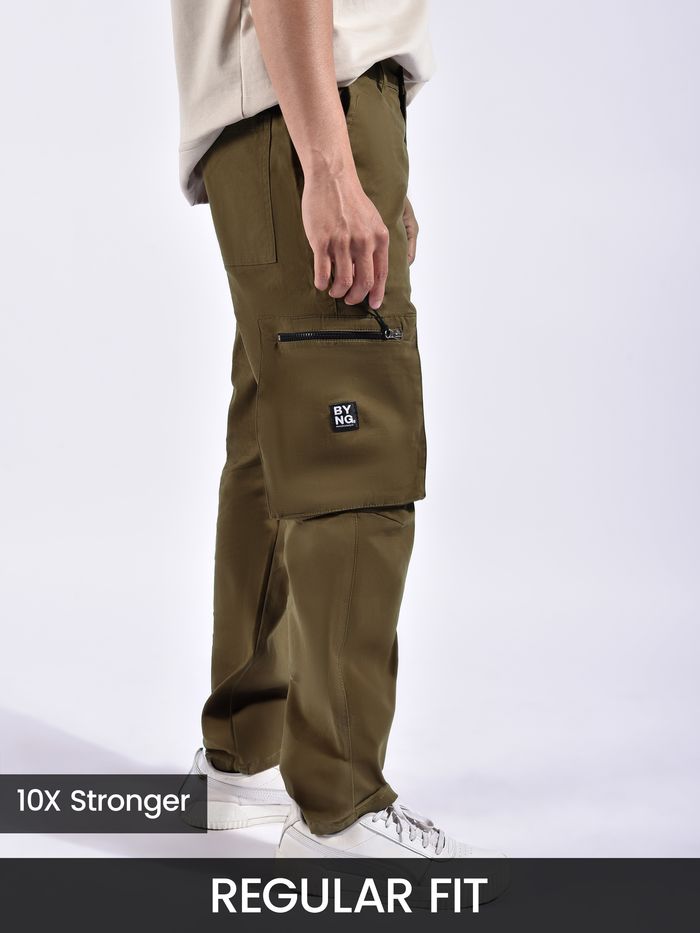 Brown Slant Zipper Pocket Cargo Pants