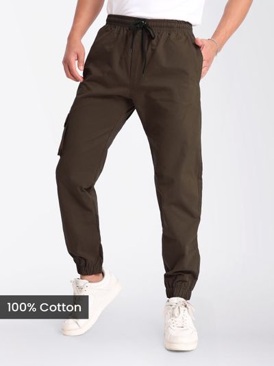Coffee Brown Cotton Cargo Joggers shop joggers for men online at Beyoung,