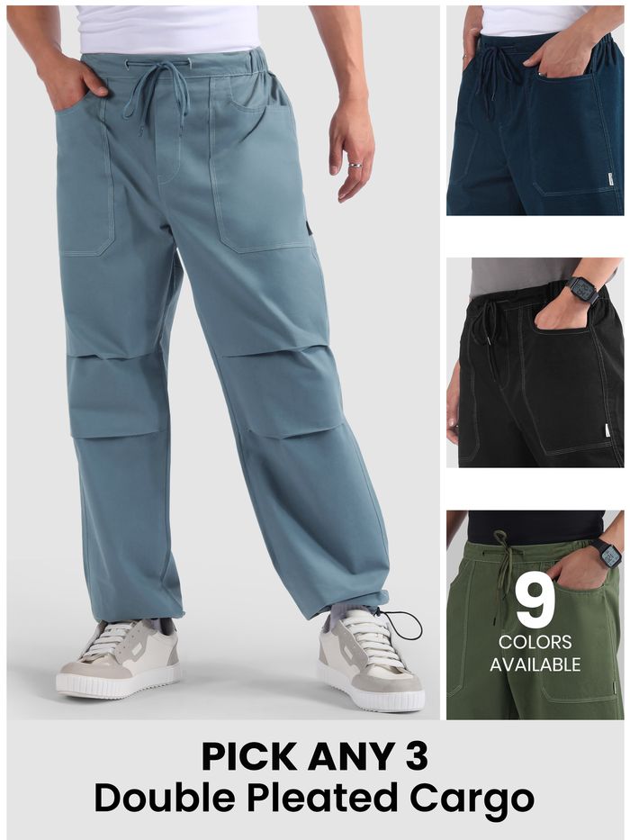 Pick Any 3 Double Pleated Cargo Joggers Combo Offer