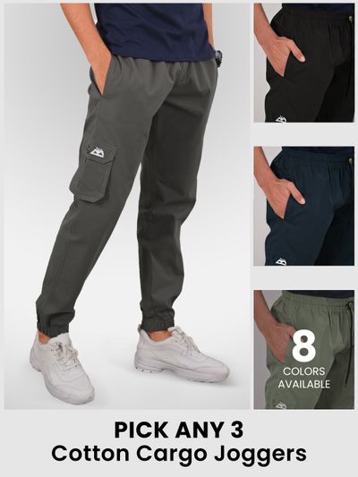 Pick Any 3 - Cotton Cargo Joggers Combo buy any 3 cotton cargo joggers for men in 9 colors with multiple pockets perfect for street style,