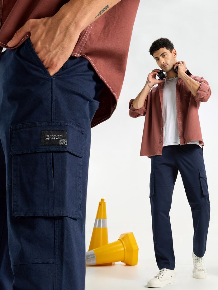 Dark Space Blue Solid Cargo Pants for Men
