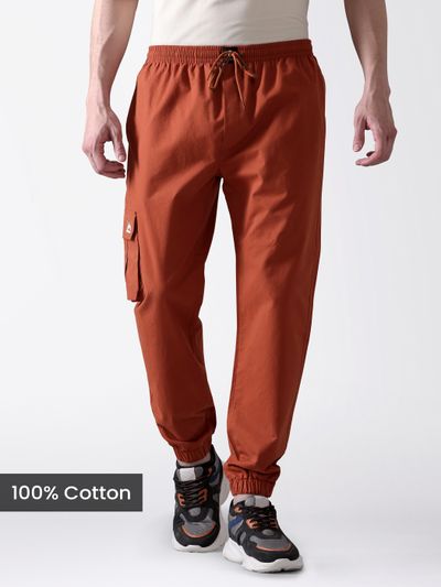 Rust Brown Cotton Cargo Joggers buy brown cargo joggers for men with adjustable waistbands and multiple pockets for versatile wear,