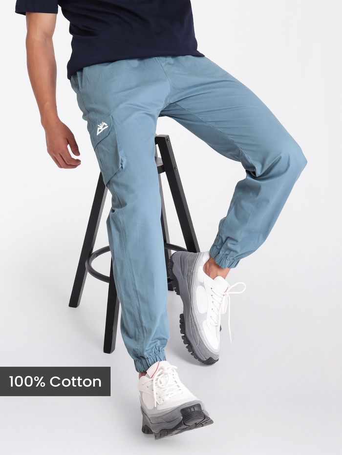 Buy Men s Smoky Blue Cotton Cargo Joggers Online Beyoung