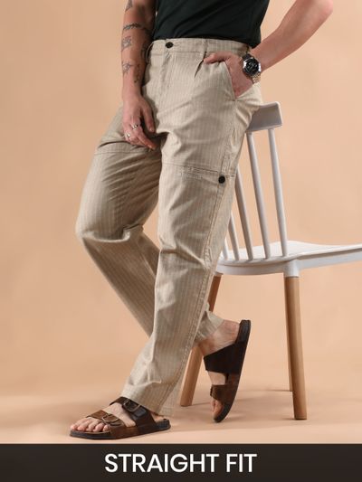 Sand Beige Striped Side Pocket Cargo Trousers