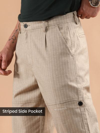 Sand Beige Striped Side Pocket Cargo Trousers