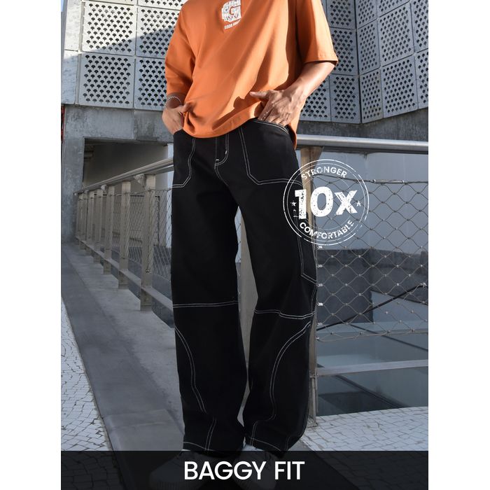 Buy Men's Black Patch Pocket Contrast Stitch Cargo Pants at Beyoung