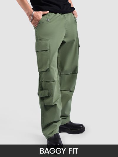 Pale Olive Pleated Elasticated Cargo Pants