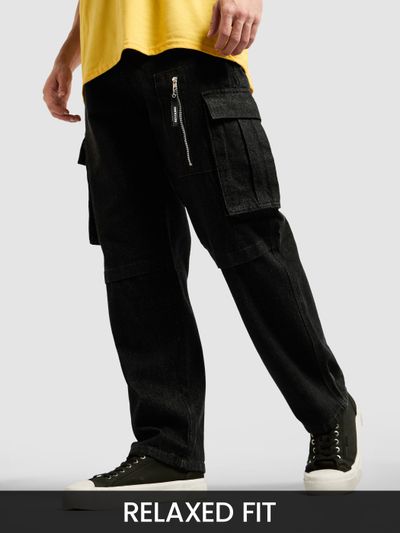 Black Denim Zipper Pocket Cargo Pants shop denim cargo pants for men at Beyoung,