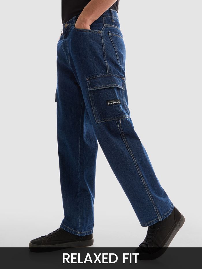 Dark Blue Denim Pocket Cargo Jeans Men India Beyoung