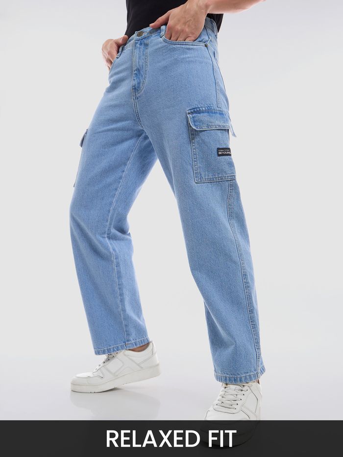 Light Blue Denim Pocket Cargo Jeans Men India Beyoung