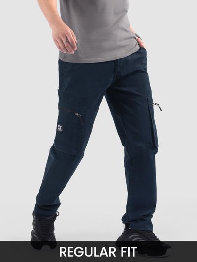 Navy Slant Zipper Pocket Cargo Pants