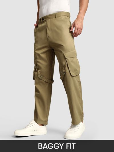 Khaki Leather Drill Belted Cargo Pants
