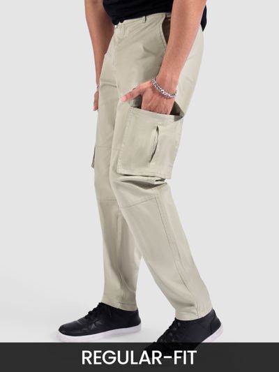 Pale Grey Solid Cargo Pants for Men mens cargo pants online shopping at low price,