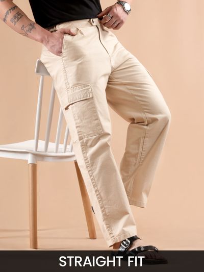 Beige Adjustable Side Buckle Cargo Trousers