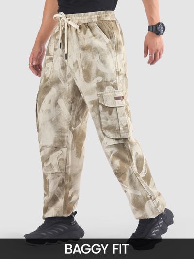 Beige Oversized Camo Cargo Pants