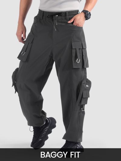 Dark Grey 11 Pocket Buckle Cargo Pants